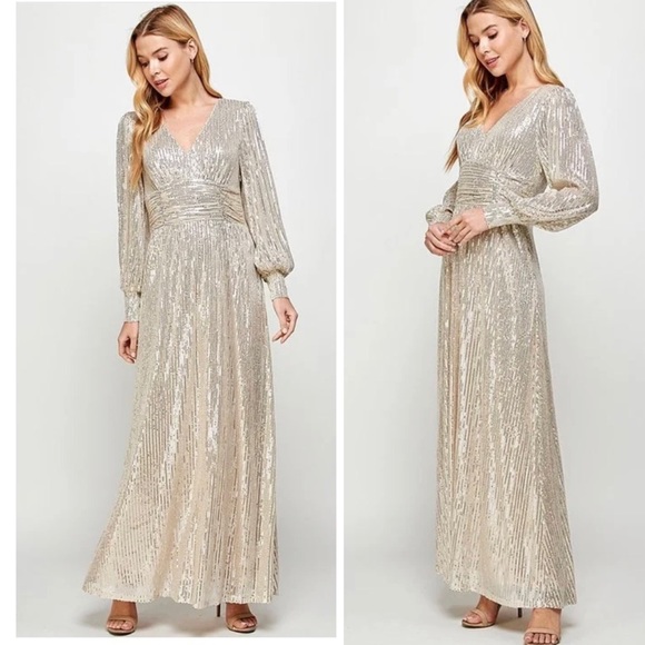 SIlver Sequin Long Sleeve Formal Maxi Dress - Picture 2 of 5